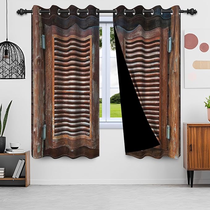 Rustic Wooden Barn Door Blackout Window Curtains Wood Planks Farm Farmhouse Curtains Country Retro Western Vintage Brown Window Treatments Kitchen Bedroom Living Room Decor,42x96 inch,2 Panels
