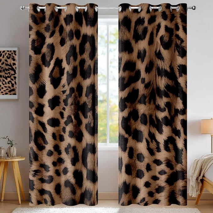 Sexy Leopard Print Blackout Curtains, Wild Animal Cheetah Print Brown Black Fur Window Drapes, Living Room Bedroom Decor 2 Panels 52x84 Inch