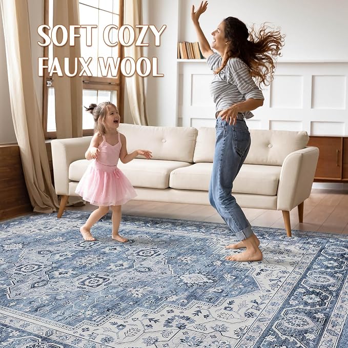 7x10 Area Rug Living Room: Washable Boho Large Neutral Vintage Soft Rug Stain Resistant Farmhouse Non-Slip Indoor Floor Retro Carpet for Bedroom Nursery Kids Office Dining Room- Blue Gray