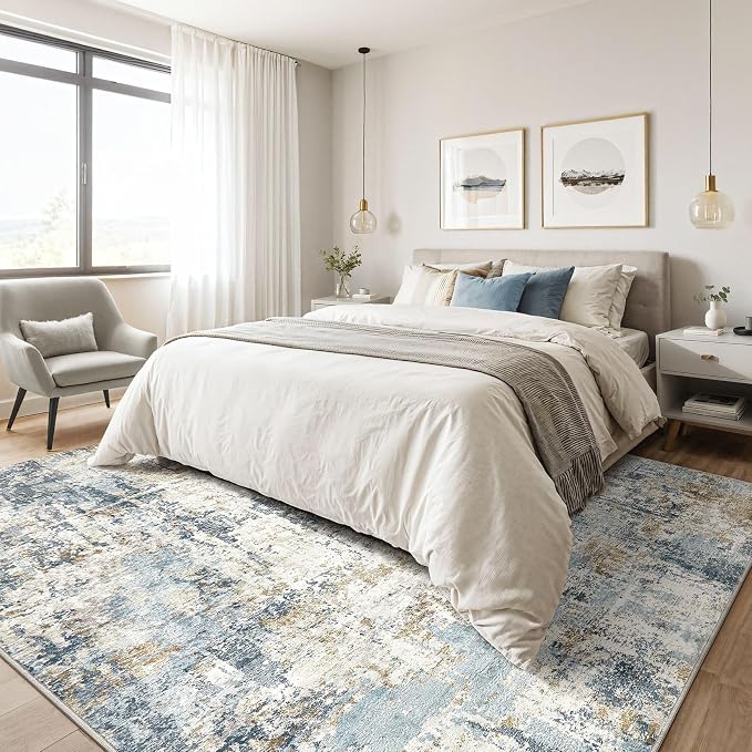 LOONGRUG 7x9 Area Rugs Washable Rug: Living Room Large Abstract Modern Soft Stain Resistant Indoor Floor Non Slip Accent Carpet for Bedroom Nursery Playroom Office Dining Room Dorm Home House- Blue