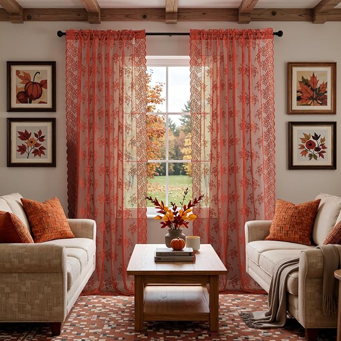 Kotile Burnt Orange Sheer Curtains 63 Inch Length 2 Panels, Country Rustic Lace Floral Fall Curtains for Girls Bedroom, Rod Pocket Privacy Sheer Lace Curtains, 42 x 63 Inch Each, 1 Pair, Burnt Orange