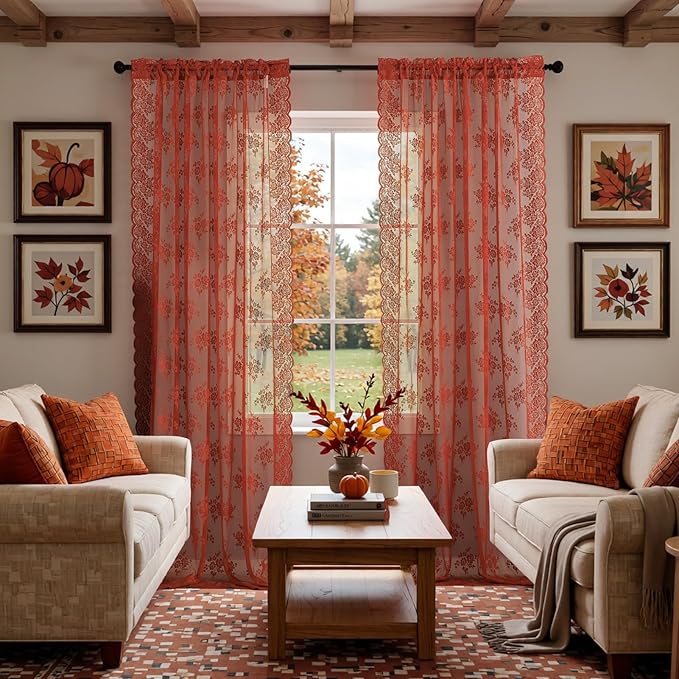 Kotile Burnt Orange Curtains 72 Inch Length, Country Rustic Floral Patterned Rust Orange Sheer Curtains for Bedroom, Rod Pocket Privacy Lace Sheer Fall Curtains, 52 x 72 Inch, 2 Panels, Rust Orange