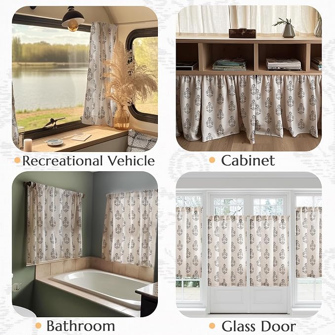 jinchan Linen Kitchen Curtains 24 Inch Floral Tier Curtains Farmhouse Cottage Core Flax Cafe Rod Pocket Country Small Window Drapes for Laundry Room Bathroom RV 2 Panels Black on Beige