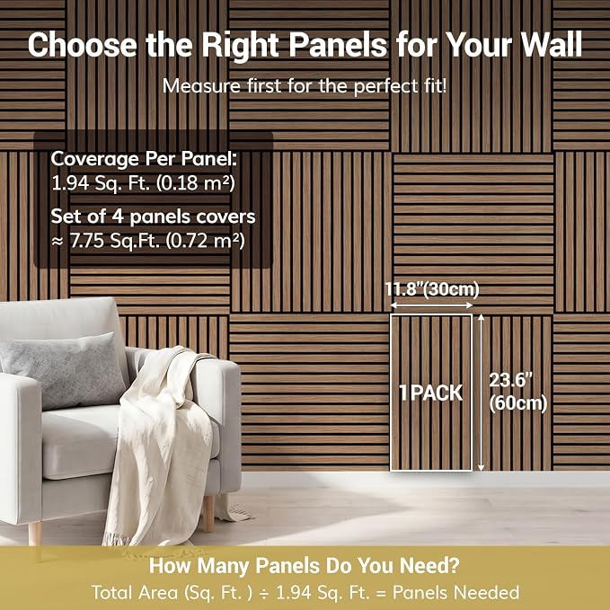 TONOR Wood Wall Panels for Interior Wall Decor, 4 Pack 23.6" x 11.8"(7.74ft²) Wood Slat Aacoustic Panels, Soundproof Wall Panels for Noise Cancelling and Decoration, Living Room, Bedroom, Walnut