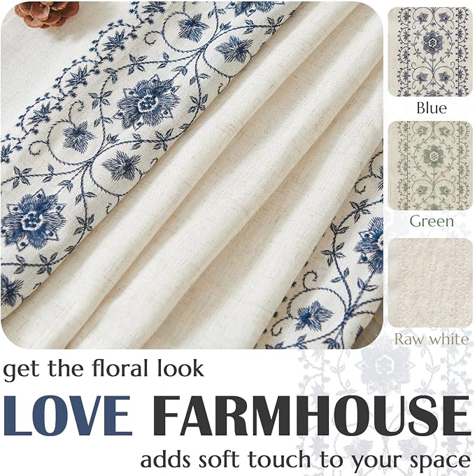 jinchan Blue Floral Embroidered Linen Kitchen Curtains 54×45 Inch 2 Panels | Light filtering, back tab, rod pocket, cafe curtains for kitchen bedroom living room, cottage farmhouse, small window