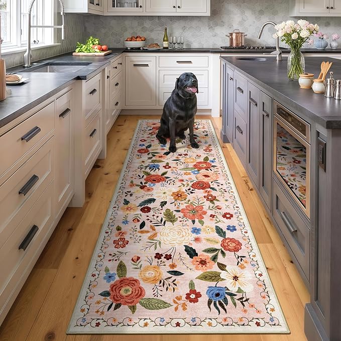 2.6x8 Machine Washable Runner Rug, Kitchen Hallway Area Rug Beige Pink Vintage Boho Floral Ultra Non-Slip Low Pile Soft Faux Wool Carpet Kids and Pets Friendly for Bedroom Entryway Nursery Decor Rug