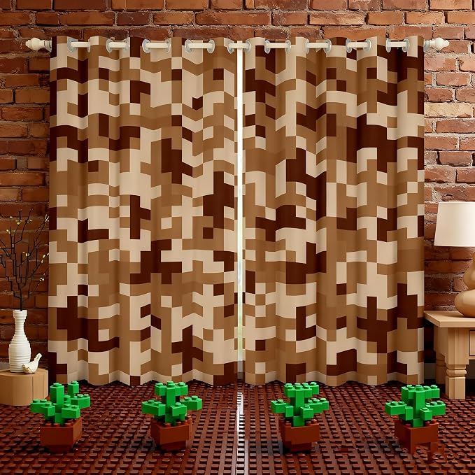Castle Fairy Brown Grid Window Curtain,Kids Sandbox Pixelated Themed Window Treatment Teens Gamer,Miner Style Checked Bedroom Decor Curtains Desert Style Blackout Drapes 2 Panels,38Wx45L