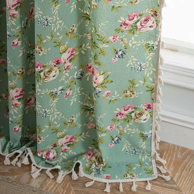 OYX Floral 96 Inch Curtains for Living Room Green Drapes Bedroom Semi Sheer Rod Pocket Long Window Curtains 2 Panel Sets Boho Farmhouse Vintage Light Filtering Window Treatments