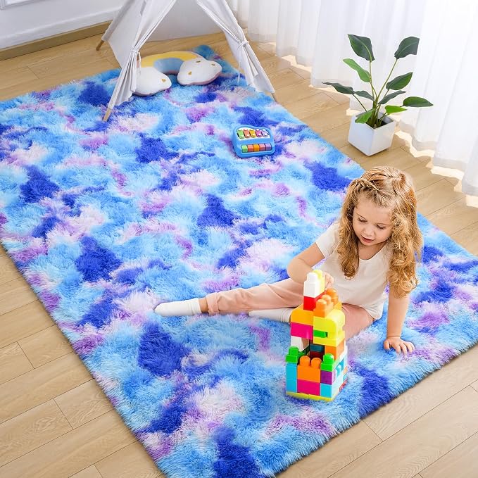 AROGAN Soft Rainbow Area Rugs for Girls Room 5x8 Feet, Fluffy Cute Colorful Princess Carpet for Kids Teens Nursery Toddler,Bedroom Blue and Purple