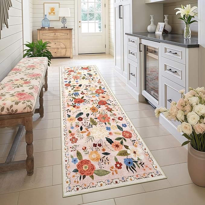 2.6x8 Machine Washable Runner Rug, Kitchen Hallway Area Rug Beige Pink Vintage Boho Floral Ultra Non-Slip Low Pile Soft Faux Wool Carpet Kids and Pets Friendly for Bedroom Entryway Nursery Decor Rug