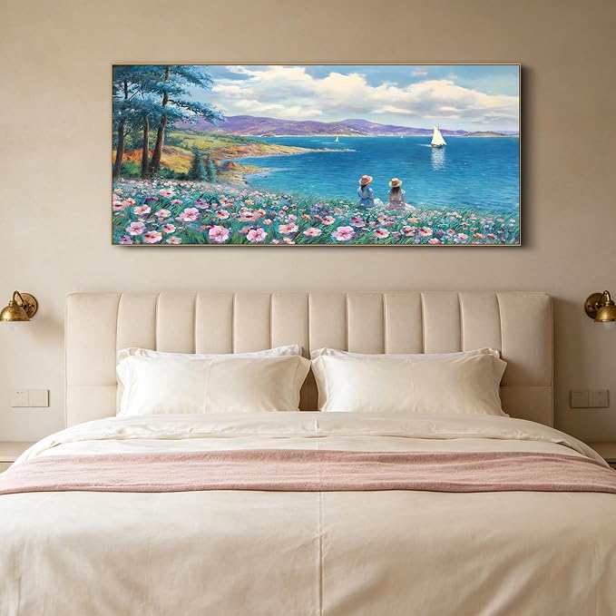 Large Framed Wall Art for Living Room Mountains Ocean Canvas Picture | Extra Large 70x31 Inches Rustic style Seascape Pink Flower Tree Sailboat Mountain Decor for Bedroom Office Home Decoration