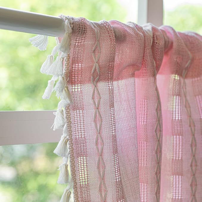 Deeprove Boho Valance Kitchen Short Curtain Tassel, Textured Striped Drape Light Filtering Tier Embroidered Chic Window Treatment for Cafe Dinging Room Closet, W52 x L18 inch SINGLE 1 Panel Blush Pink