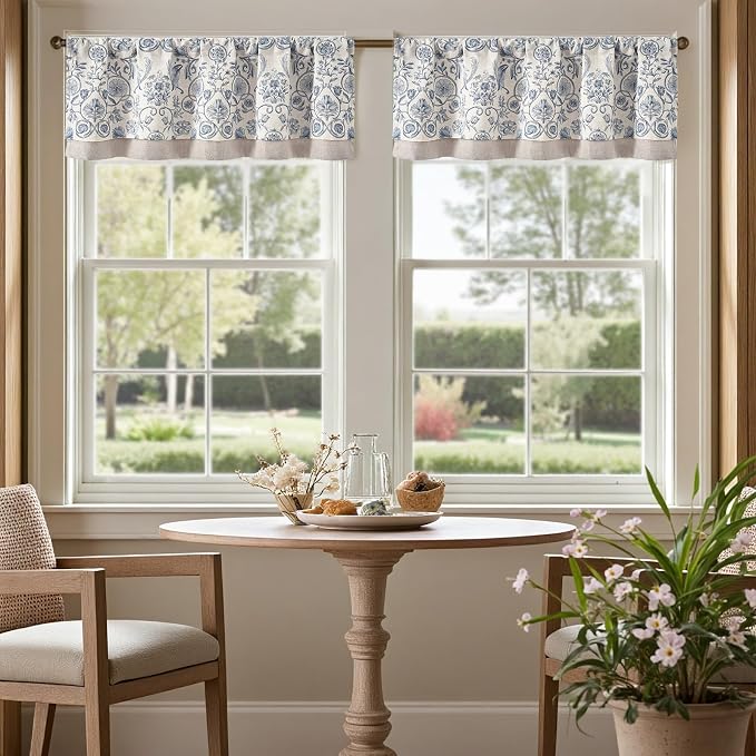 jinchan Linen Valance Kitchen Curtain Pack of 2 Double Layer 16 Inch for Living Room Bedroom Window Treatment Light Filtering Vintage Farmhouse Cottagecore Rod Pocket 2 Panels Blue on Beige