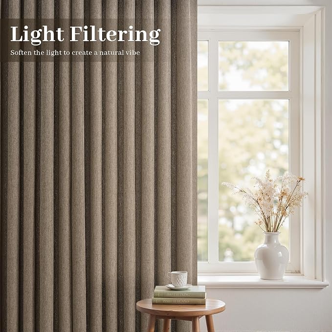 Pinch Pleated 94 Inch Curtains 2 Panels for Living Room,Dark Flax Linen Curtains 94 Inches Long Pinch Pleat Drapes for Track System Light Filtering Semi Sheer Curtains for Dining Bedroom Office