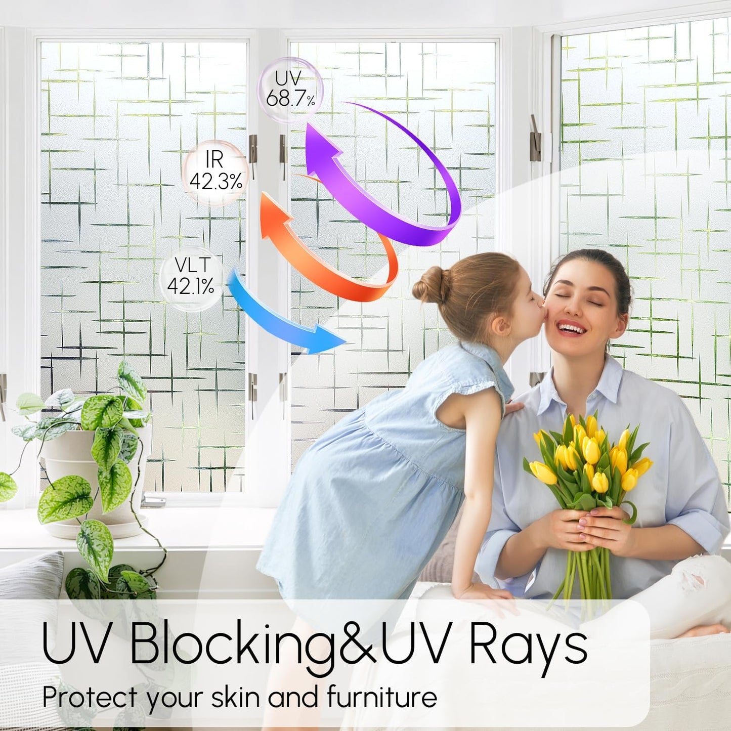 HIDBEA Window Privacy Film, Decorative Staic Cling Frosting Film, Heat Control UV Blocking Non-Adhesive Window Sticker for Home, Cross Pattern,23.6 X 78.7 Inches