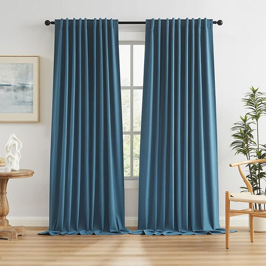 KEQIAOSUOCAI 2 PCs Flax Linen Textured Blackout Curtains 72 Inch Wide x 102 Inch Long(6 ft x 8.5 ft),Back Tab Loop Pocket Pleated Vertical Drapes 2 Panels for Office Bedroom Patio Door, Blue Denim