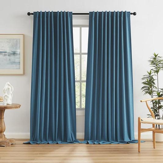 KEQIAOSUOCAI Flax Linen Textured Blackout Curtains 72 Inch Wide x 96 Inch Long(6 ft x 8 ft),Back Tab Loop Pocket Pleated Vertical Drapes 2 Panels for Office Bedroom Patio Door, Blue Denim