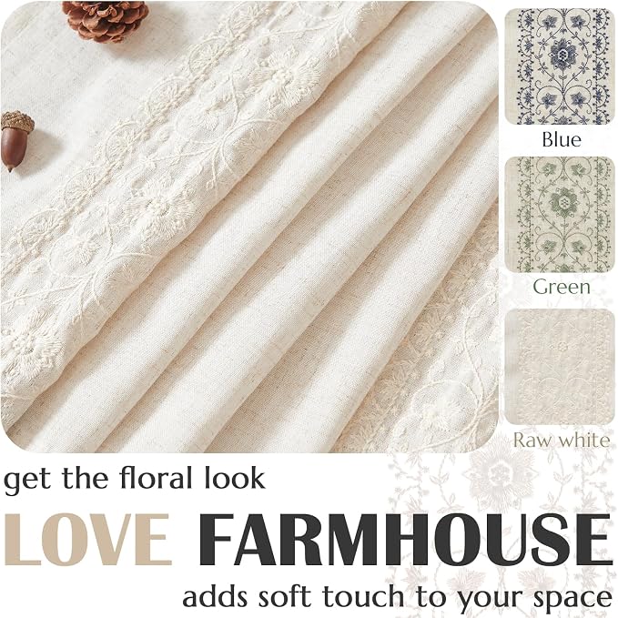 jinchan Ivory Floral Embroidered Short Linen Curtains 54×54 Inches 2 Panels | Light filtering, back tab, rod pocket, cafe curtains for kitchen bedroom living room, cottage farmhouse, small window