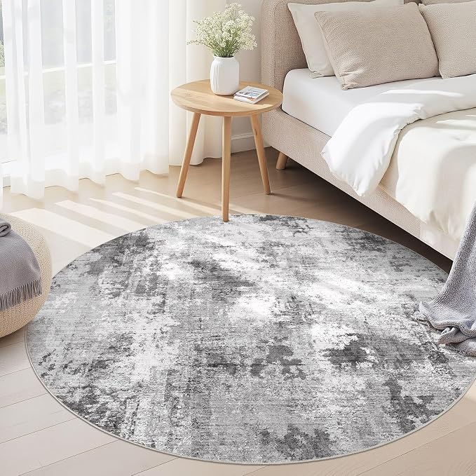 Abstract 5FT Round Rug: Machine Washable Non Slip Ultra Thin Low-Pile Carpet, Soft Stain Resistant for Living Room Bedroom Nursery, Kid Pet Friendly, Robot Vacuum Compatible - Grey