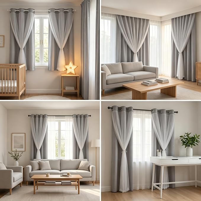 Blackout Curtains for Girl Bedroom/Living Room/Classroom, Sheer Overlay Small 2 Panel Set, Double Layer Curtains with Star Cutout for Kids Room(W 52 x L 45 Inches,Silver Grey 2 Pcs)