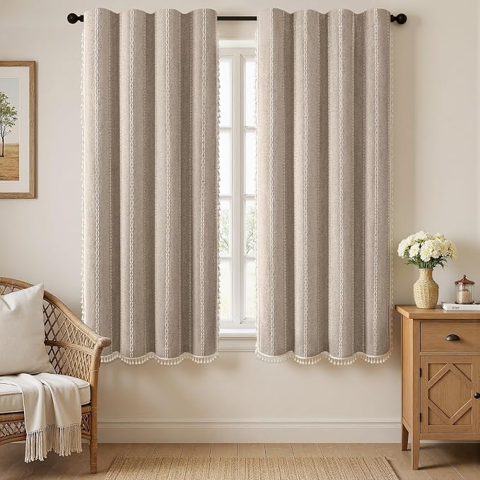 Khaki Brown Boho Blackout Curtains 2 Panels 63 Inch for Living Room Bedroom, Warm Taupe Linen Texture Farmhouse Curtains with Tassels and White Cotton Embroidery Vintage Rustic Country Western