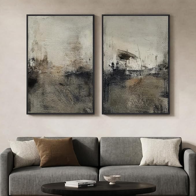 Large Framed Neutral Abstract Wall Art Set of 2 for Living Room, Wabi Sabi Modern Minimalist Black Grey Canvas Artwork for Walls, Rustic Abstract Painting Print Wall Decor for Bedroom Office, 24x36 In