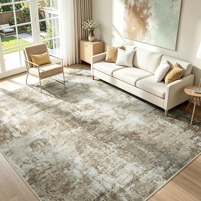 8x10 Area Rugs for Living Room, Washable Large Rug, Brown | Non Slip; Soft Touch; Easy to Clean; Stain-Resistant; High-Power Vacuum Cleaner Friendly; Low Pile; Bedroom; Dining Room