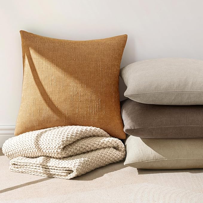 MIULEE Pack of 2 Decorative Throw Pillow Covers Soft Chenille Throw Pillows Solid Textured Cushion Covers Home Decor for Couch Sofa Bedroom Living Room 22x22 Inch,Golden Brown