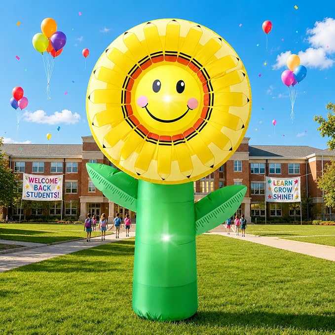 5FT Back to School Inflatable Outdoor Decorations Sunflower Pencil Blow Up Built-in 2 LED Lights Smiley Flower Welcome Yard Decor for First Day of School Kindergarten Preschool Photo Props