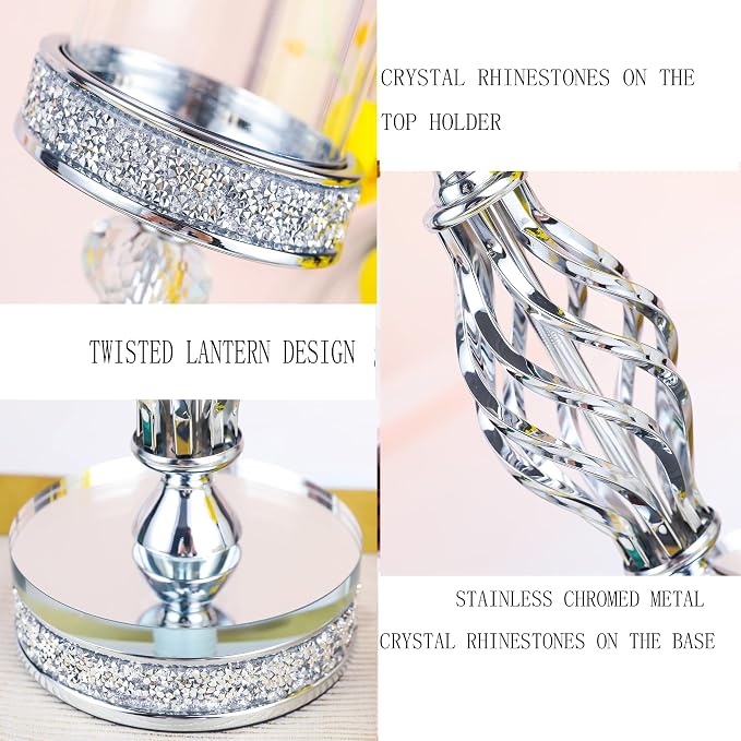 Hanjue Crystal Candle Holders for Pillar Candle, Metal Crystal Candle Holder for Home Decor, Centerpieces, Coffee Dining Table CH0509 (Silver (L))