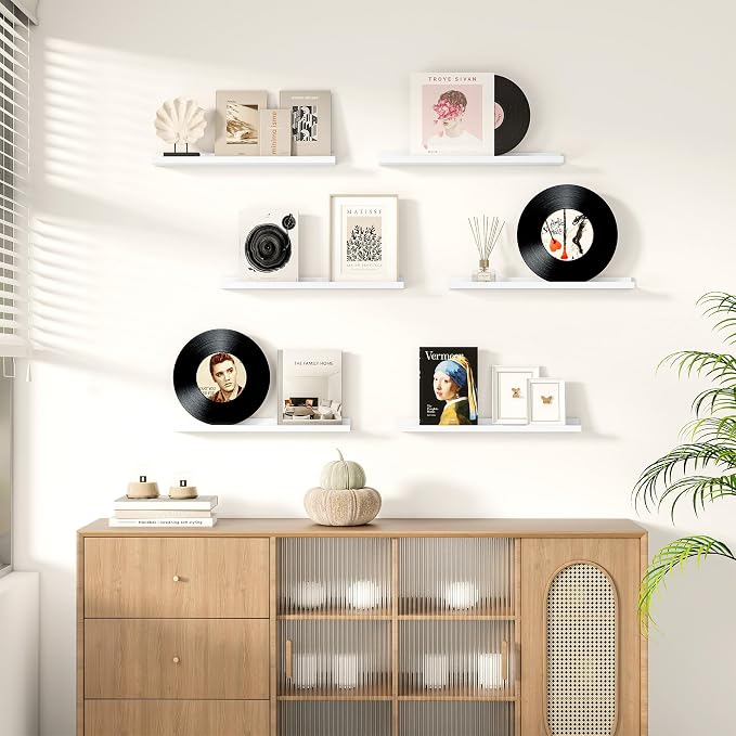 Floating Picture Ledge Shelves Set of 2, 16 Inch Solid Wood Wall Shelves with Lip, Large Nursery Book Shelf for Toys Storage, Kids Bookshelf, Living Room, Bedroom Decor Frames, White Color