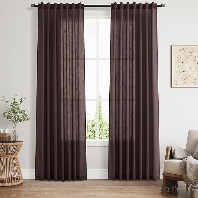 Nanspring Linen Curtains 84 Inch Long for Living Room Back Tab Light Filtering Drapes for Bedroom Office Window Protect Privacy Modern Farmhouse Decor 2 Panels 52x84, Coffee Brown