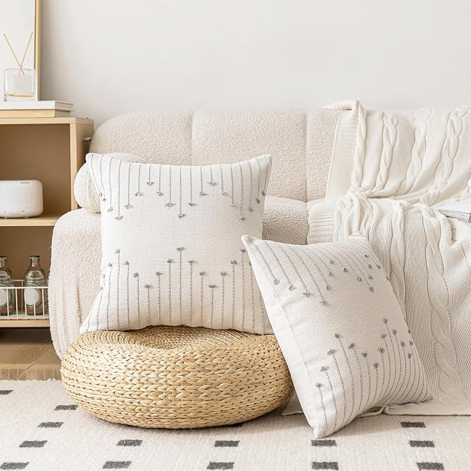 LILEPOY Boho Throw Pillow Covers 20x20 Set of 2 Neutral Decorative Textured Cushion Case Farmhouse Pillowcase Modern Square Pillow Covers for Sofa,Couch, Living Room,Beige and Grey