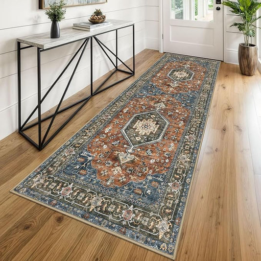 KUTA Kitchen Runner Rug, 2.6x8 Vintage Brick Red Washable Hallway Rugs Non-Slip Ultra Soft Printed Tribal 8ft Floor Carpet Runners for Stairway Bedroom Living Room