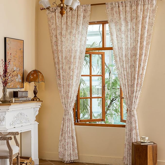 OYX Pink Floral Curtains for Girls Room 2 Panels, Linen Curtains 84 Inch Length with Flower Pattern Light Filtering Window Privacy Curtains for Living Room Boho Farmhouse Vintage, Each 52 Inch Wide