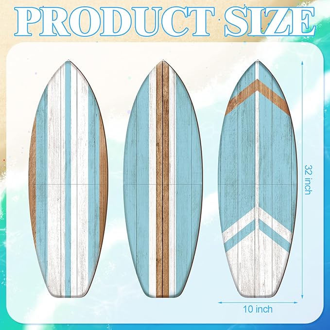 Yookeer 3 Pcs Surfboard Wall Decor,36" x 12" Large Wooden Coastal Beach Wall Decor Set, Aesthetic Cute Beachy Tropical Surf Board Art for Room Bedroom Decoration(Blue,Classic)
