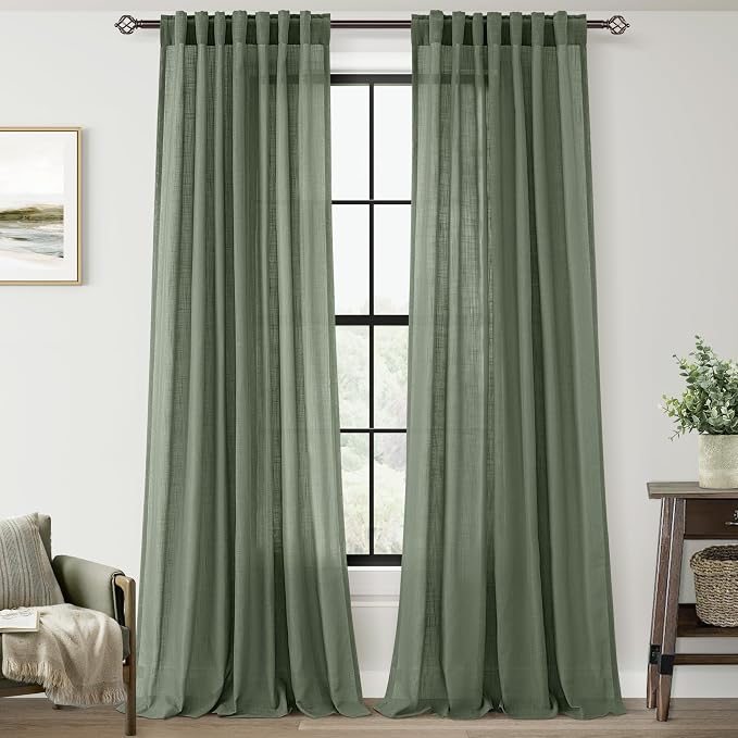 Olive Green Curtains 120 inch Length 2 Panels for Bedroom Back Tab Light Filtering Semi Sheer Drapes Linen Cotton Textured Airy Modern Farmhouse Living Room Sage Aesthetic Decor 52x120