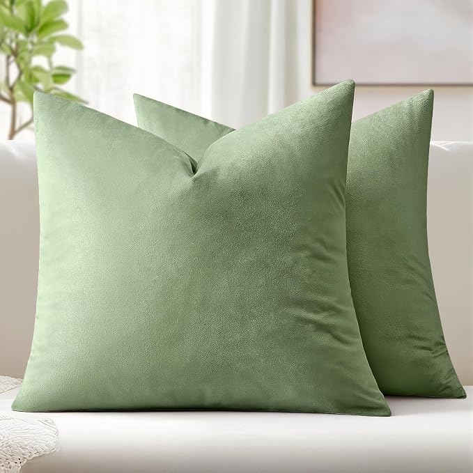 MIULEE 24x24 Inch Euro Sham Velvet Pillow Covers, Set of 2 Large Square Decorative Spring Pillows -Sage Green Super Soft for King Bed, Sofa, Couch, Accent Chairs