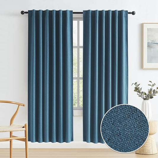 KEQIAOSUOCAI Full Blackout Linen Textured Curtains 72 Inch Long 2 Pcs, Back Tab Hook Belt Heat Blocking Drapes for Bedroom Boys Space Nautical (Blue Denim,50 Inch Wide Each Panel)