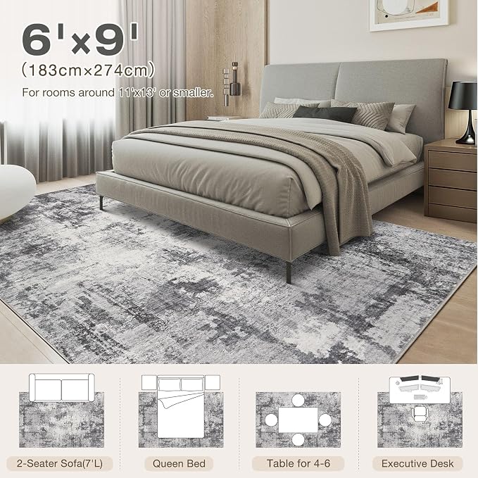 Abstract 6x9 Area Rug: Machine Washable Non Slip Ultra Thin Low-Pile Carpet, Soft Stain Resistant for Living Room Bedroom Nursery, Kid Pet Friendly, Robot Vacuum Compatible - Grey