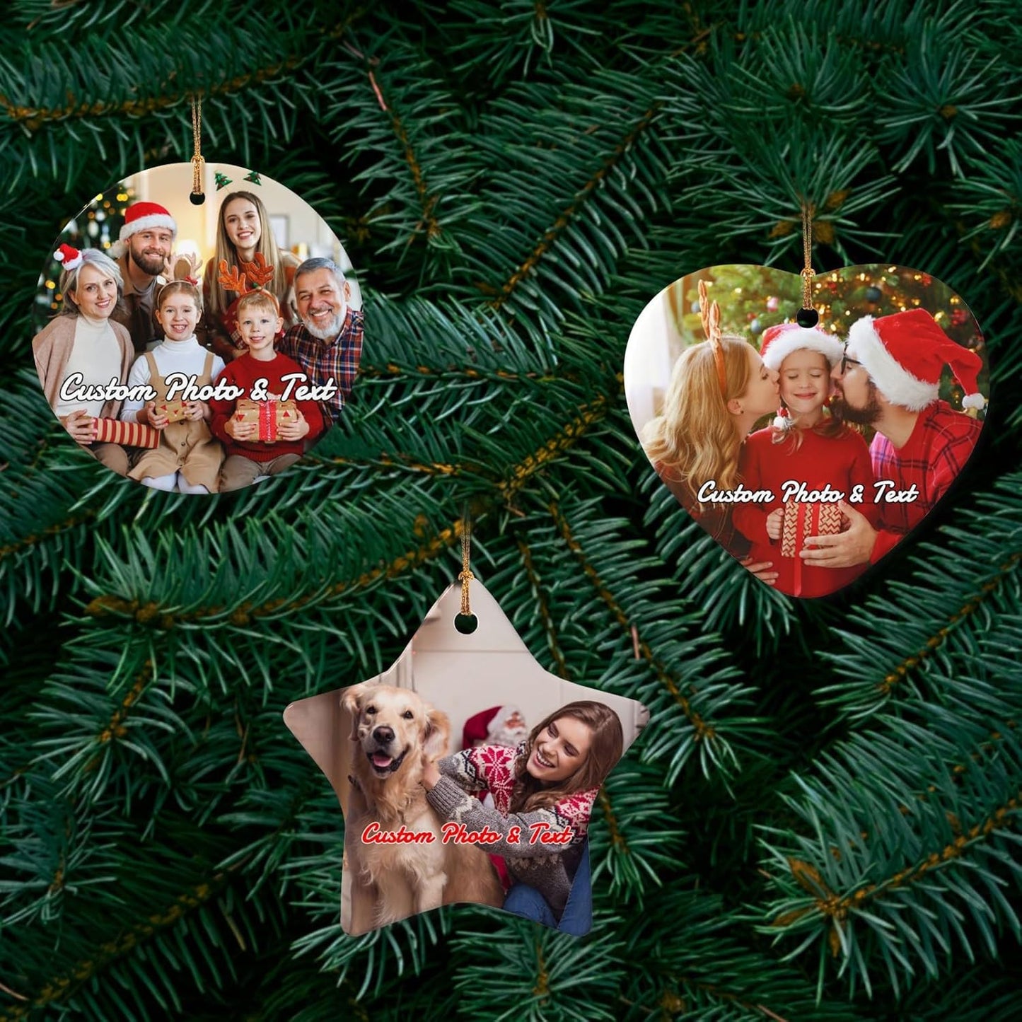 Personalized Christmas Ornaments with Photo 2025 Custom Picture Text Ornaments for Christmas,Double-Sided Ceramic Customized Xmas Tree Decor for Family Couples Dogs,Heart