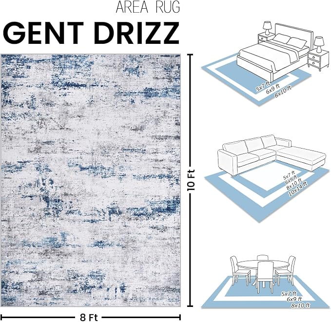 Area Rug Living Room Rugs: 8x10 Large Soft Indoor Carpet Modern Abstract Rug with Non Slip Rubber Backing for Under Dining Table Nursery Home Office Bedroom White Gray Blue