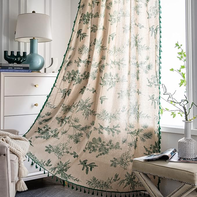 Sutuo Home Boho Curtain 84 Inches Length for Bedroom, Printed Cotton Linen Rod Pocket Semi Blackout Farmhouse Bohemian Tassels Window Treatment for Living Room, 1 Panel 59" W x 84" L, Green Forest
