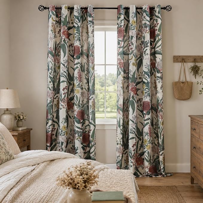 ALIGOGO Patterned Curtains 90 Inches Long - Cottagecore Floral Boho Curtains for Living Room, Country Grommet Art Decor Protea Cabin Pretty Flowered Drapes for Sliding Door 2 Panels, 50" W x 90" L