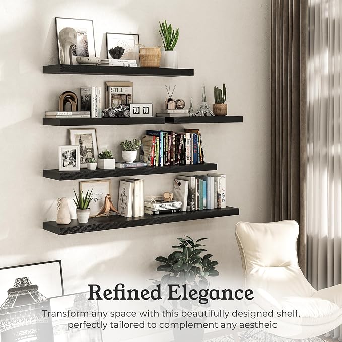 Black Floating Shelves for Wall, 7.9" Deep Wall Mounted Floating Shelves for Bedroom, for Wall, Living Room, Kitchen, for Books/Storage/Room Decor (Black, 16")