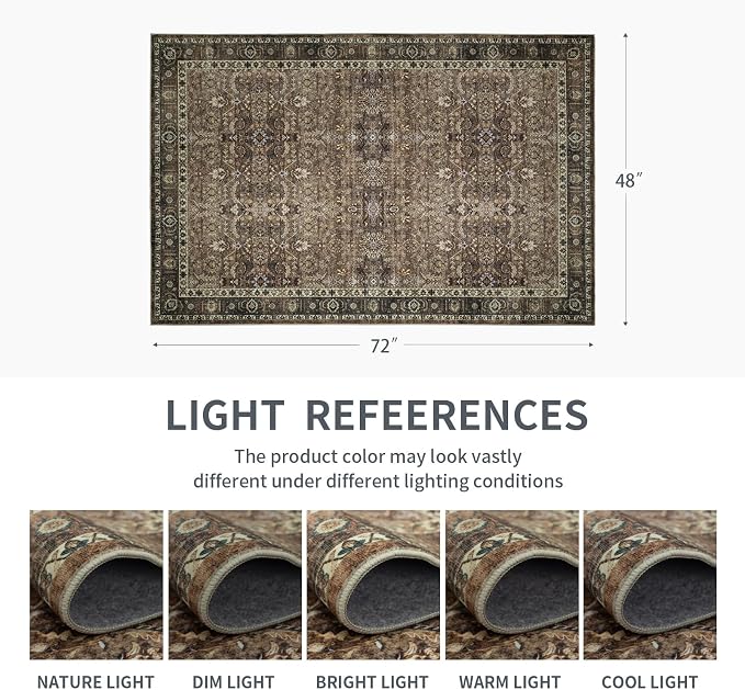 4x6 Vintage Washable Area Rug for Living Room,Non Slip Boho Carpet Non-Shedding Small Area Rug Soft Indoor Stain Resistant Rug Floral Print Mat for Bedroom Dining Room Brown Floral