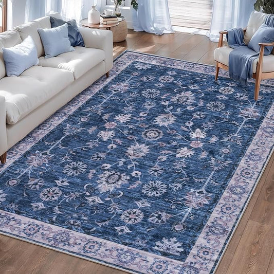 Tangsoo 5x7 Area Rug for Living Room Non Slip, Washable Vintage Blue Floral Rug for Bedroom Laundry Office, Soft Low Pile Stain Resistance Retro Indoor Boho Carpet Mats for Farmhouse Dinning Room Mat