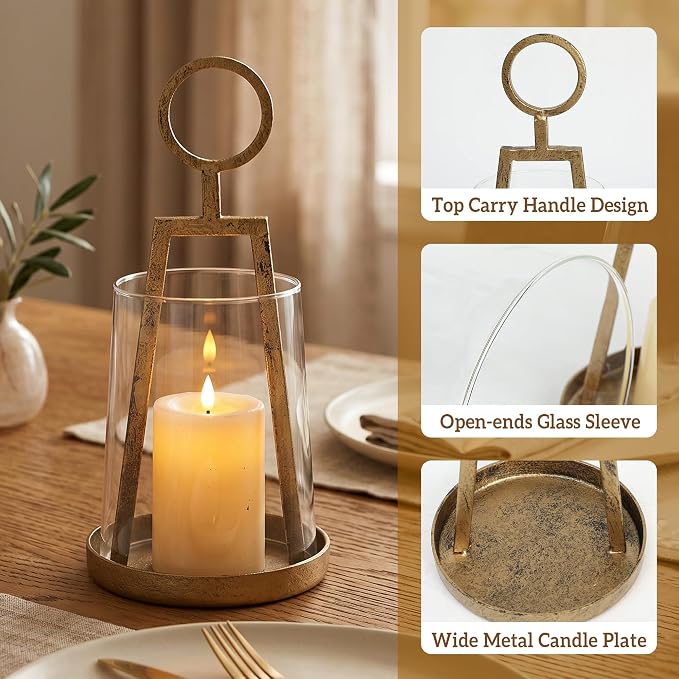 Small Farmhouse Hurricane Candle Holder (4.3" W x 9.2" H), Antique Brass Metal Lantern with Clear Glass Sleeve, Compact Tabletop Decor for Pillar Candles & Small Plants