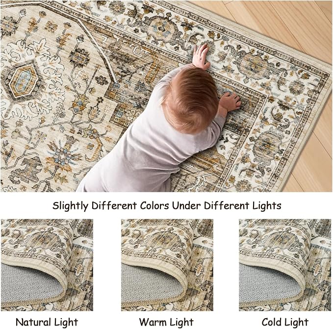 Roxstand 5x7 Washable Area Rug, Vintage Low Pile Rug, Beige/Brown | Non-slip Backing, Low-Pile Carpet, Stain Resistant,Rugs for Living Room,Bedroom, Dining Room, Office