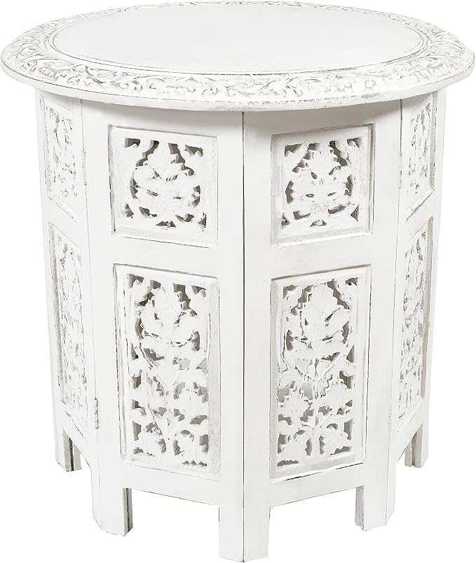 COTTON CRAFT Solid Wood Accent End Table - Hand Carved Vintage Boho Folding Side Table - Small Spaces Entryway Farmhouse Living Room Bedside - No Tools Assembly -18x18 Round - Jaipur Antique White